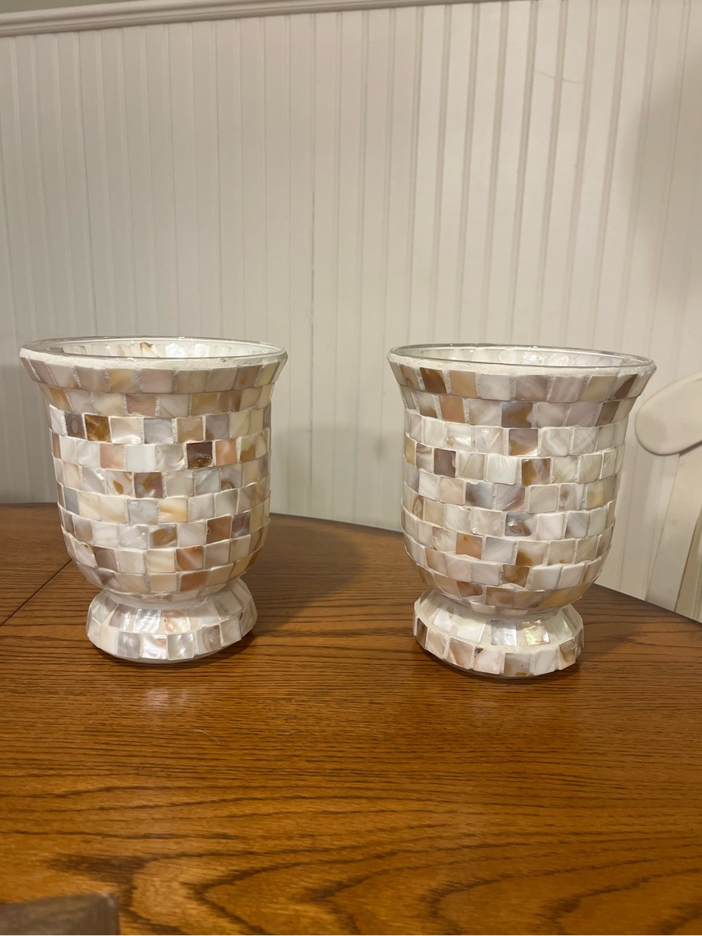 Mother-of-Pearl Mosaic Urn Accent Vases - White and Cream Glass. Set of 2.